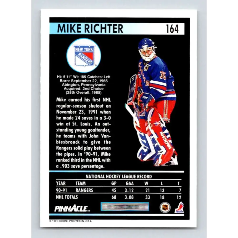 1991-92 Pinnacle #164 Mike Richter NM-MT New York Rangers Hockey Card Image 2