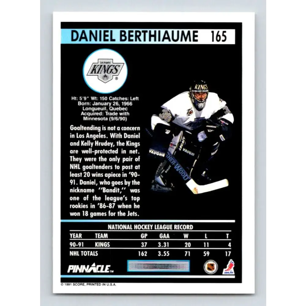 1991-92 Pinnacle #165 Daniel Berthiaume NM-MT Los Angeles Kings Hockey Card Image 2