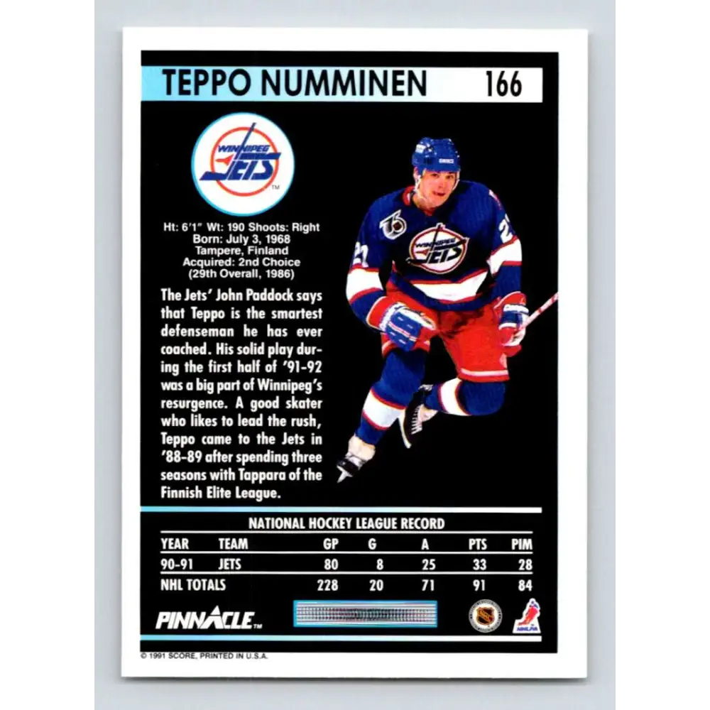 1991-92 Pinnacle #166 Teppo Numminen NM-MT Winnipeg Jets Hockey Card Image 2
