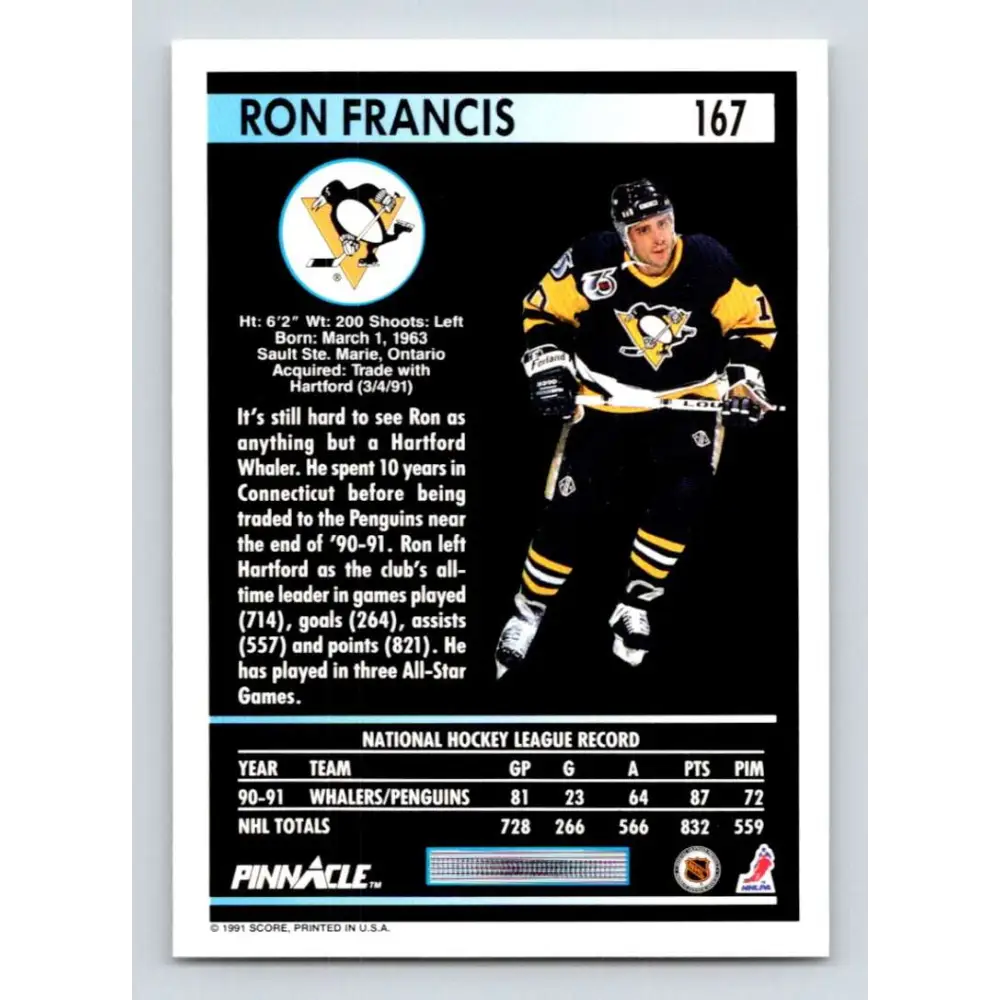 1991-92 Pinnacle #167 Ron Francis NM-MT Pittsburgh Penguins Hockey Card Image 2