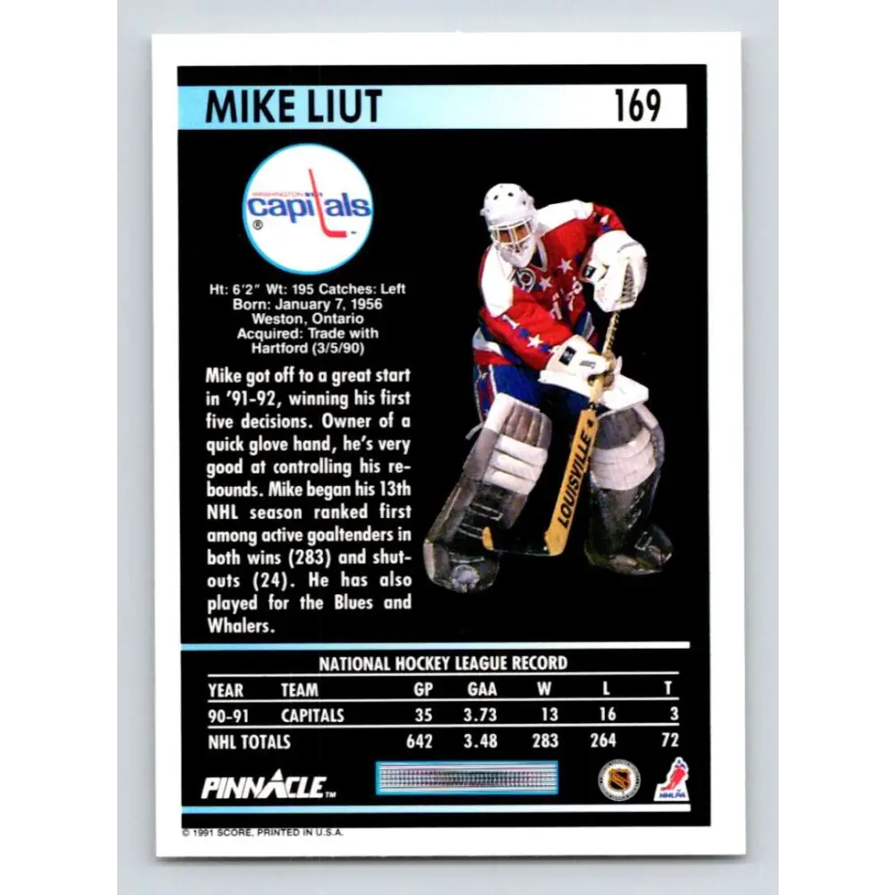 1991-92 Pinnacle #169 Mike Liut NM-MT Washington Capitals Hockey Card Image 2