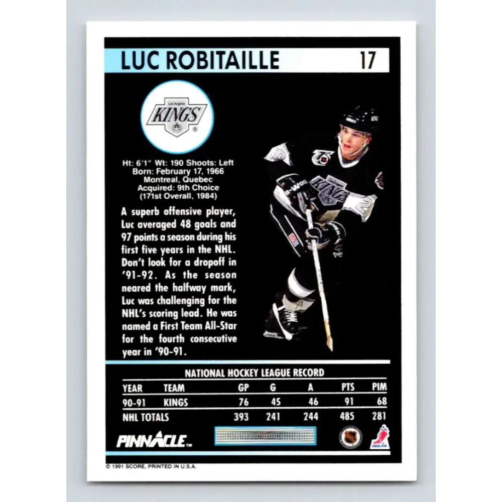 1991-92 Pinnacle #17 Luc Robitaille NM-MT Los Angeles Kings Hockey Card Image 2