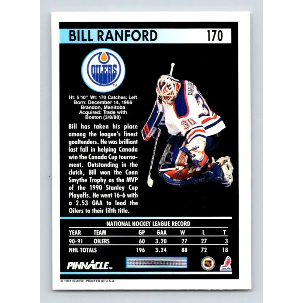 1991-92 Pinnacle #170 Bill Ranford NM-MT Edmonton Oilers Hockey Card Image 2