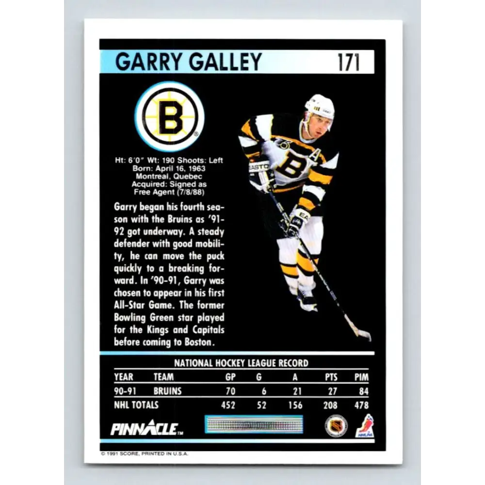 1991-92 Pinnacle #171 Garry Galley NM-MT Boston Bruins Hockey Card Image 2
