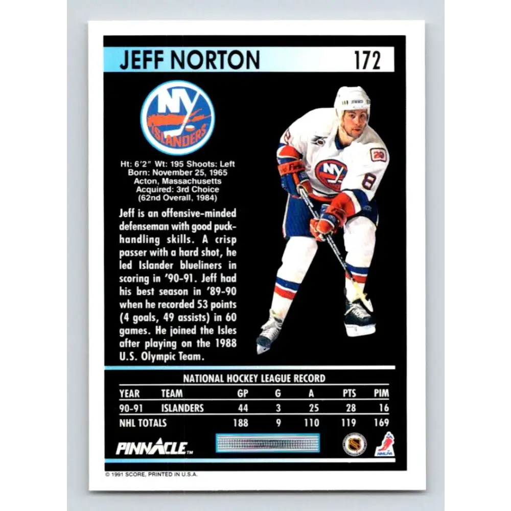 1991-92 Pinnacle #172 Jeff Norton NM-MT New York Islanders Hockey Card Image 2