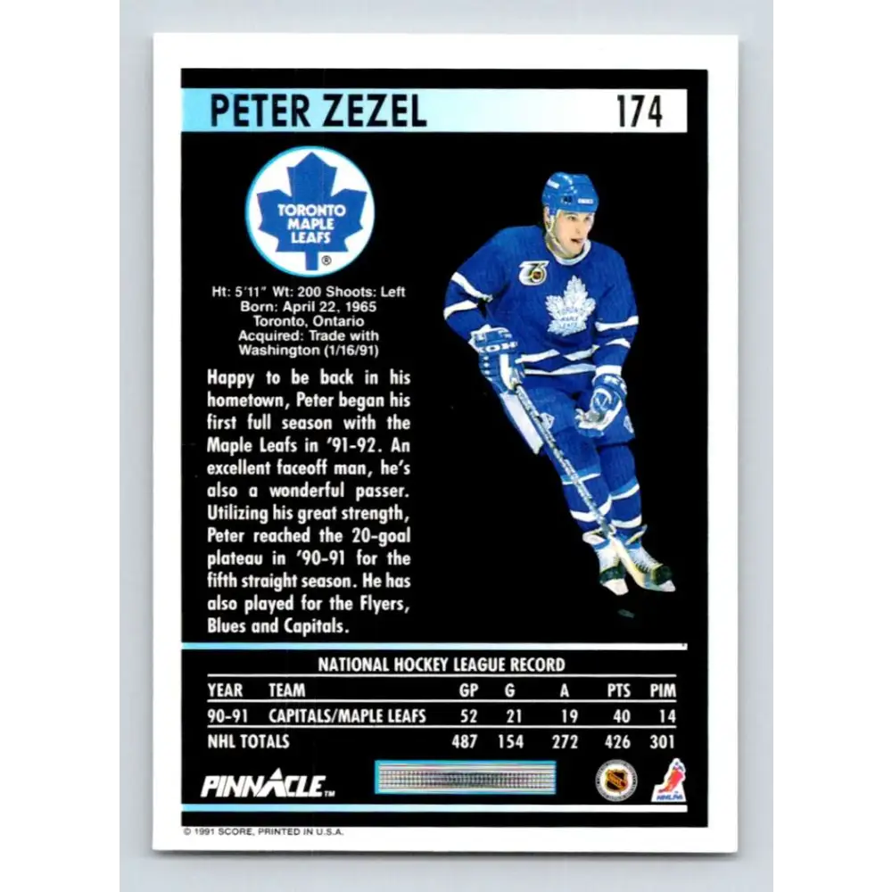 1991-92 Pinnacle #174 Peter Zezel NM-MT Toronto Maple Leafs Hockey Card Image 2