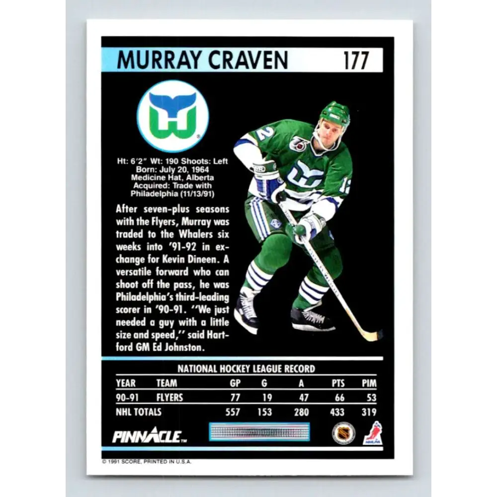 1991-92 Pinnacle #177 Murray Craven NM-MT Hartford Whalers Hockey Card Image 2