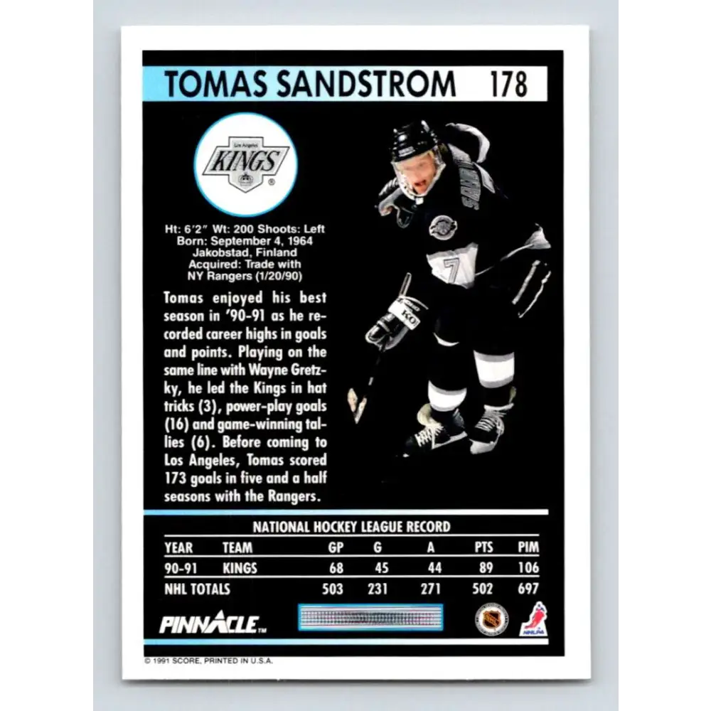 1991-92 Pinnacle #178 Tomas Sandstrom NM-MT Los Angeles Kings Hockey Card Image 2