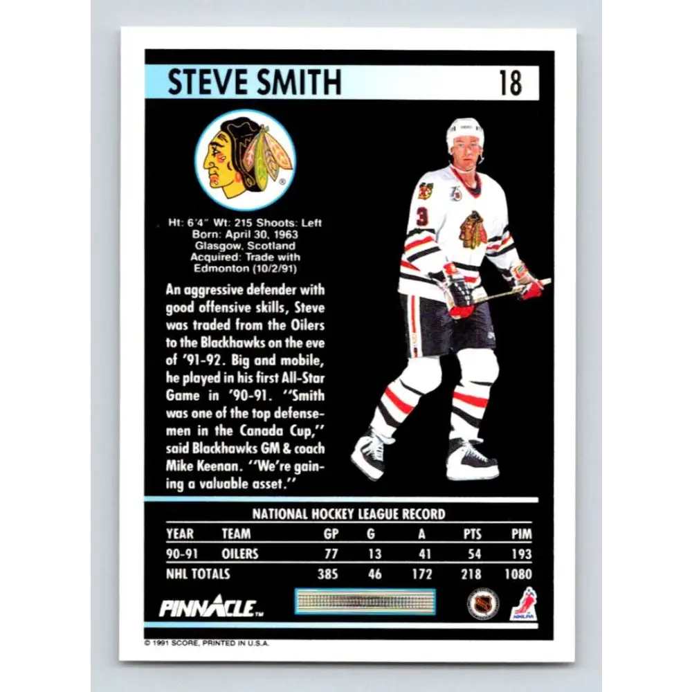 1991-92 Pinnacle #18 Steve Smith NM-MT Chicago Blackhawks Hockey Card Image 2