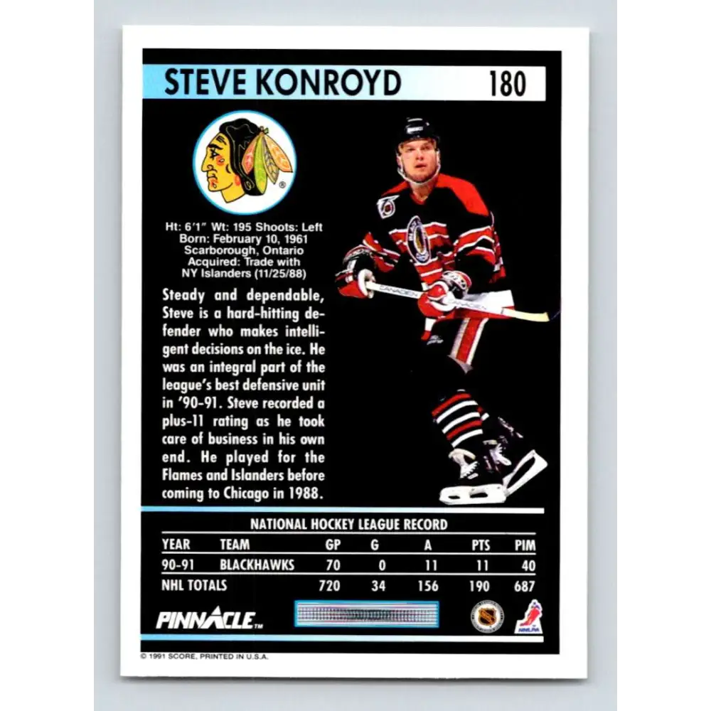 1991-92 Pinnacle #180 Steve Konroyd NM-MT Chicago Blackhawks Hockey Card Image 2