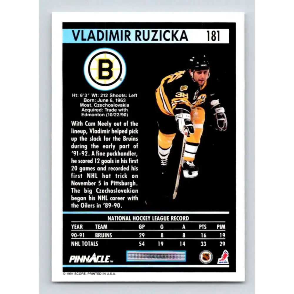 1991-92 Pinnacle #181 Vladimir Ruzicka NM-MT Boston Bruins Hockey Card Image 2