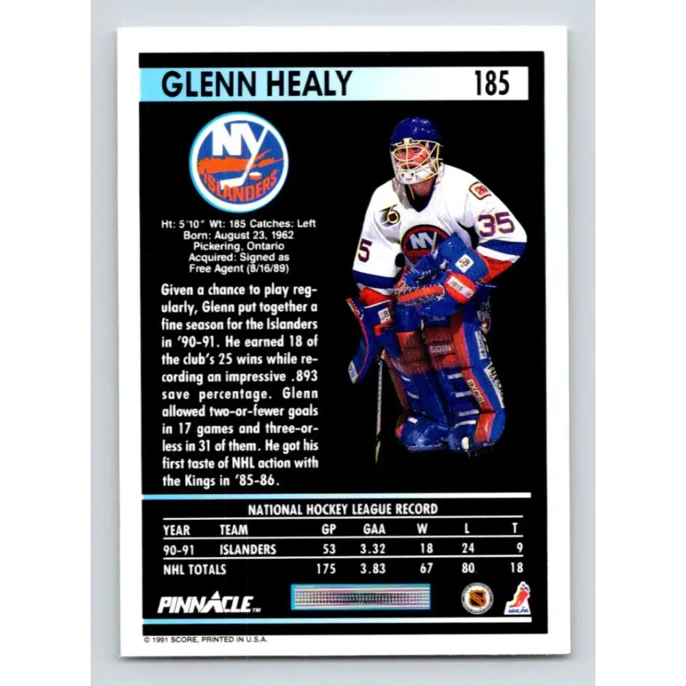 1991-92 Pinnacle #185 Glenn Healy NM-MT New York Islanders Hockey Card Image 2