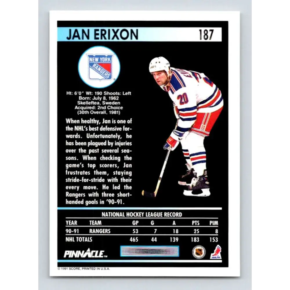 1991-92 Pinnacle #187 Jan Erixon NM-MT New York Rangers Hockey Card Image 2
