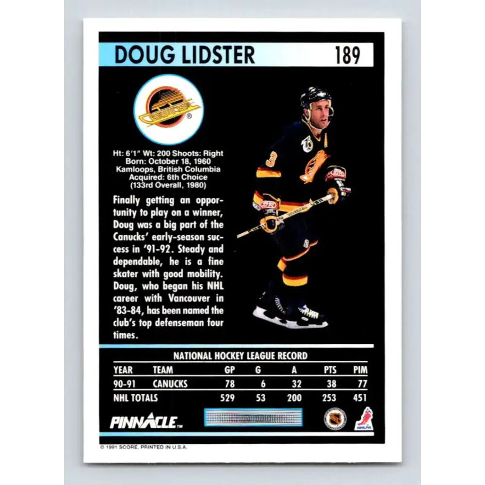 1991-92 Pinnacle #189 Doug Lidster NM-MT Vancouver Canucks Hockey Card Image 2