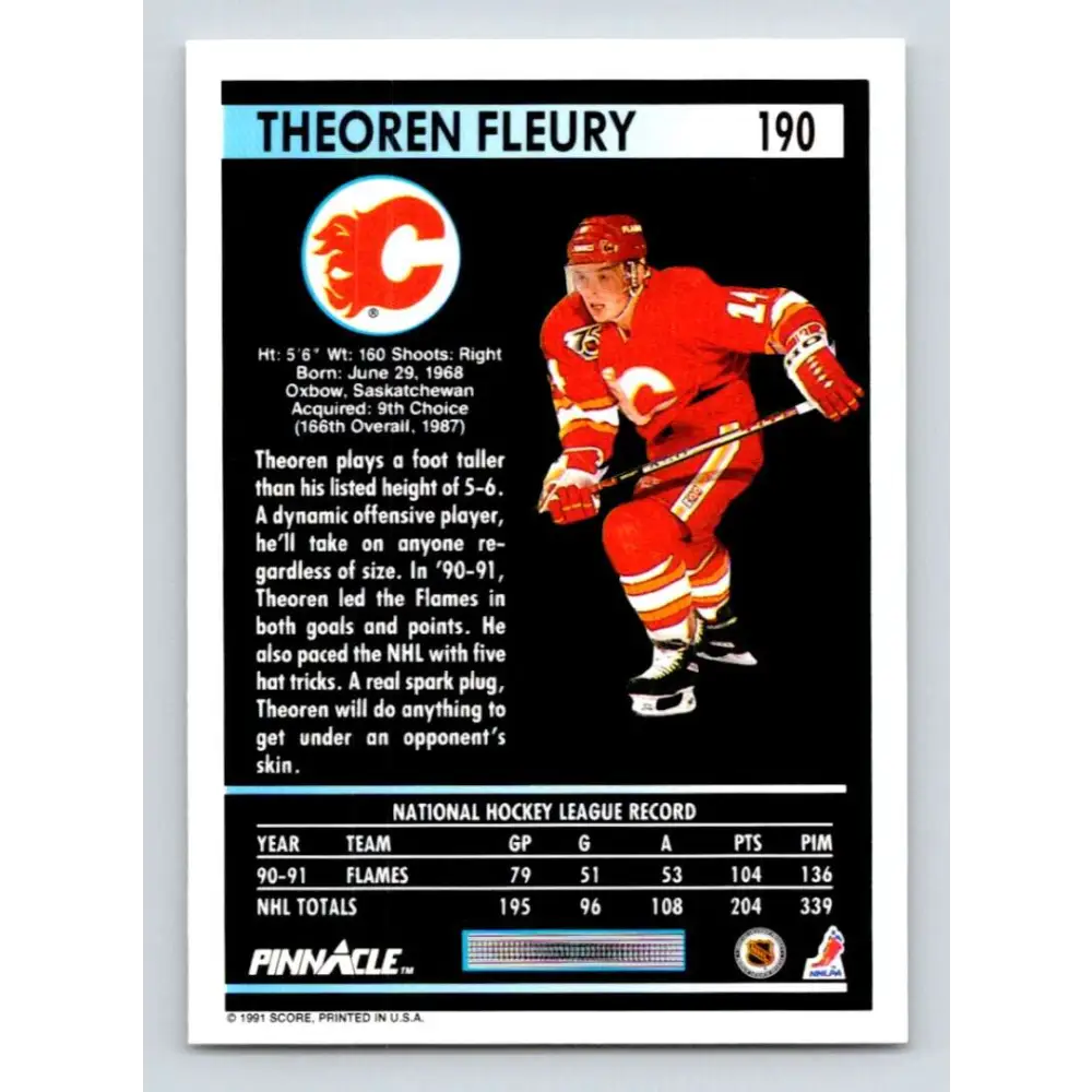 1991-92 Pinnacle #190 Theo Fleury NM-MT Calgary Flames Hockey Card Image 2