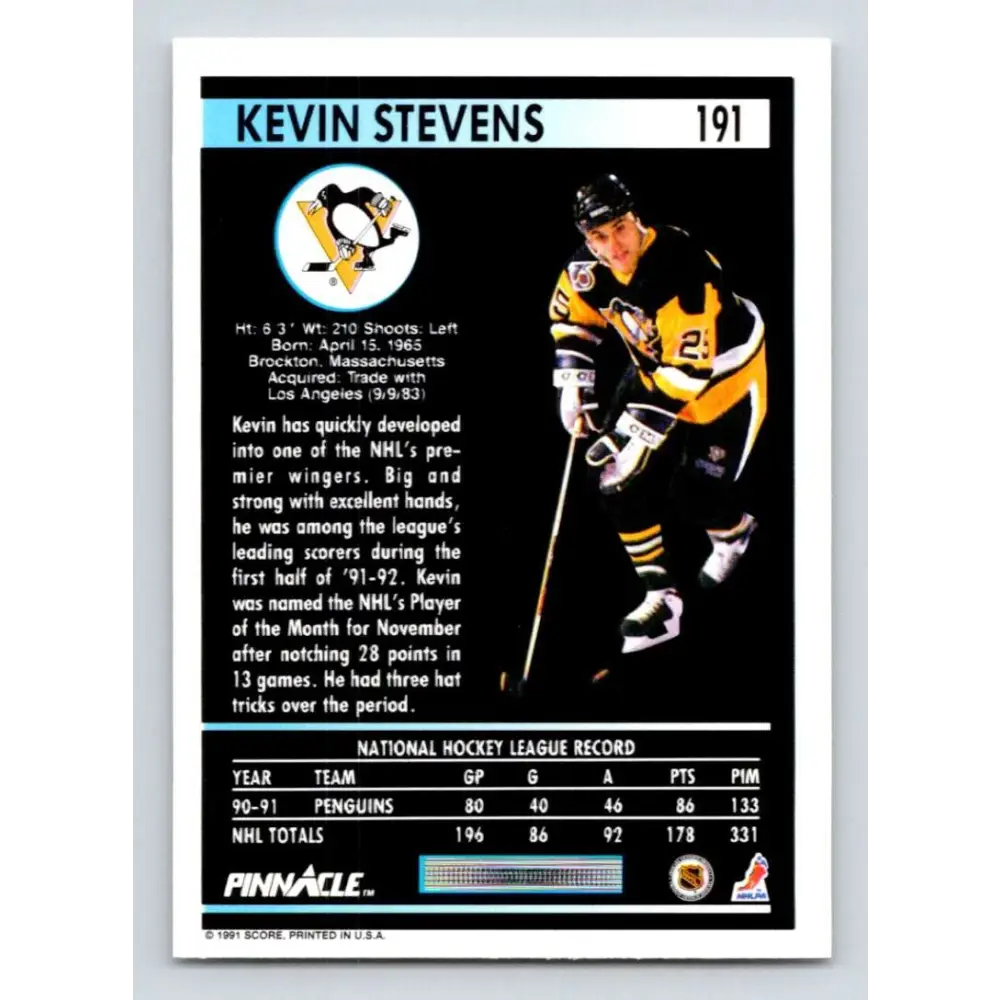 1991-92 Pinnacle #191 Kevin Stevens NM-MT Pittsburgh Penguins Hockey Card Image 2