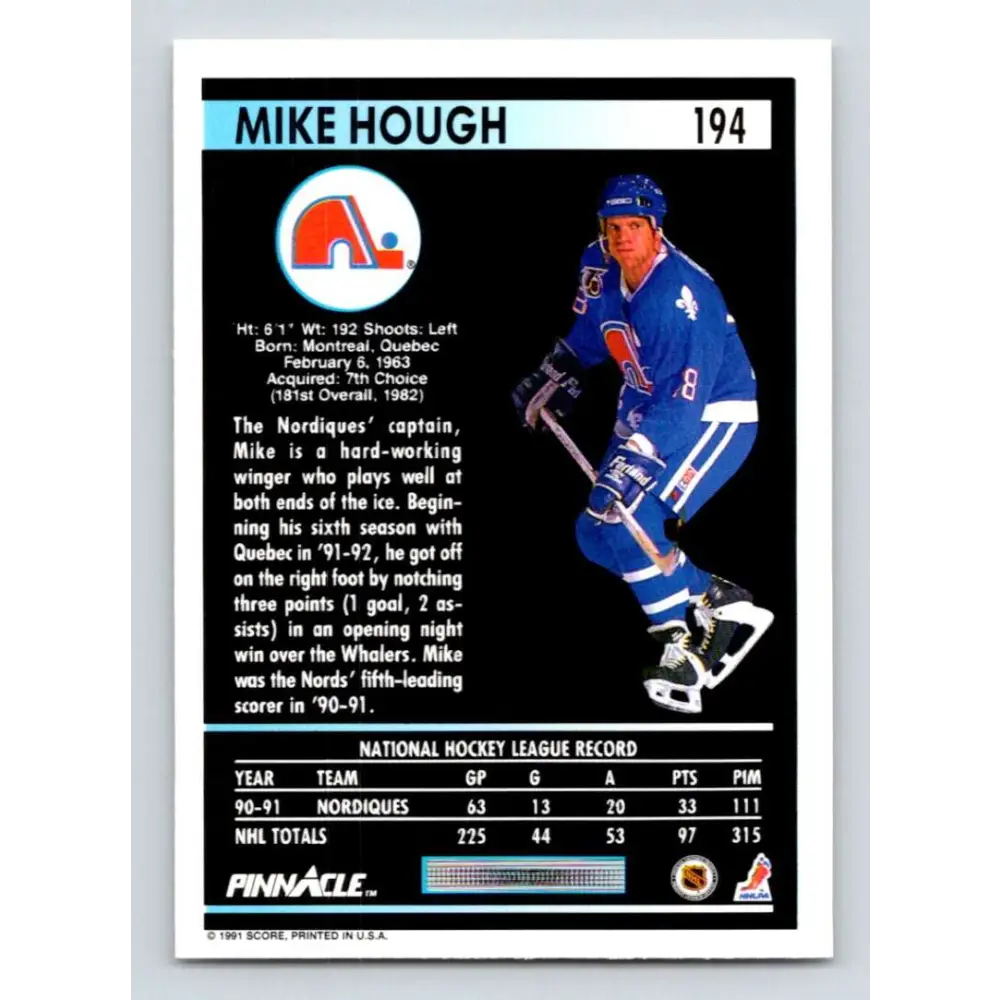 1991-92 Pinnacle #194 Mike Hough NM-MT Quebec Nordiques Hockey Card Image 2