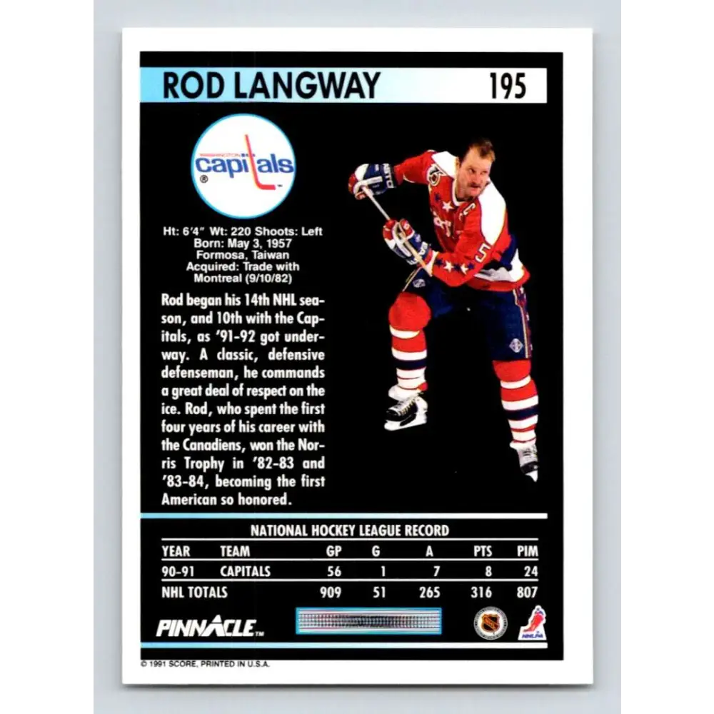 1991-92 Pinnacle #195 Rod Langway NM-MT Washington Capitals Hockey Card Image 2
