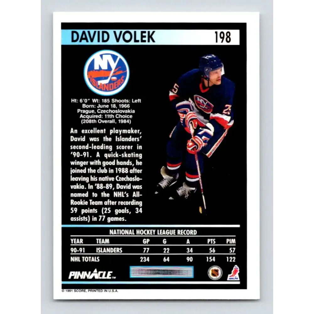 1991-92 Pinnacle #198 David Volek NM-MT New York Islanders Hockey Card Image 2