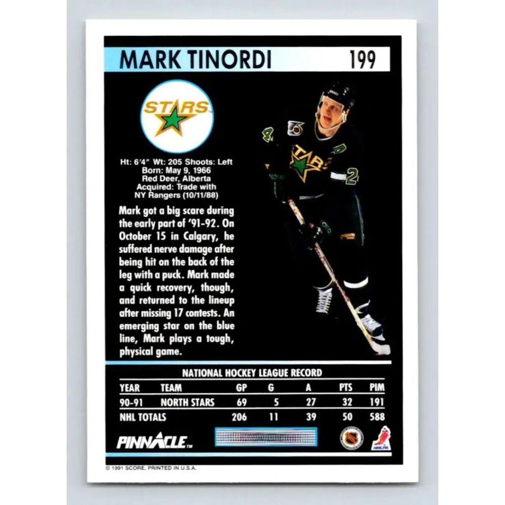 1991-92 Pinnacle #199 Mark Tinordi NM-MT Minnesota North Stars Hockey Card Image 2
