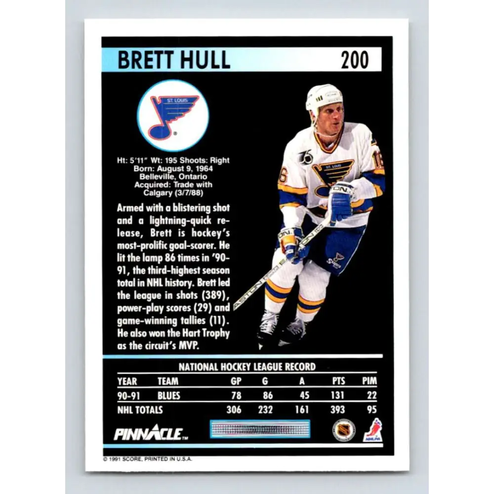 1991-92 Pinnacle #200 Brett Hull NM-MT St. Louis Blues Hockey Card Image 2