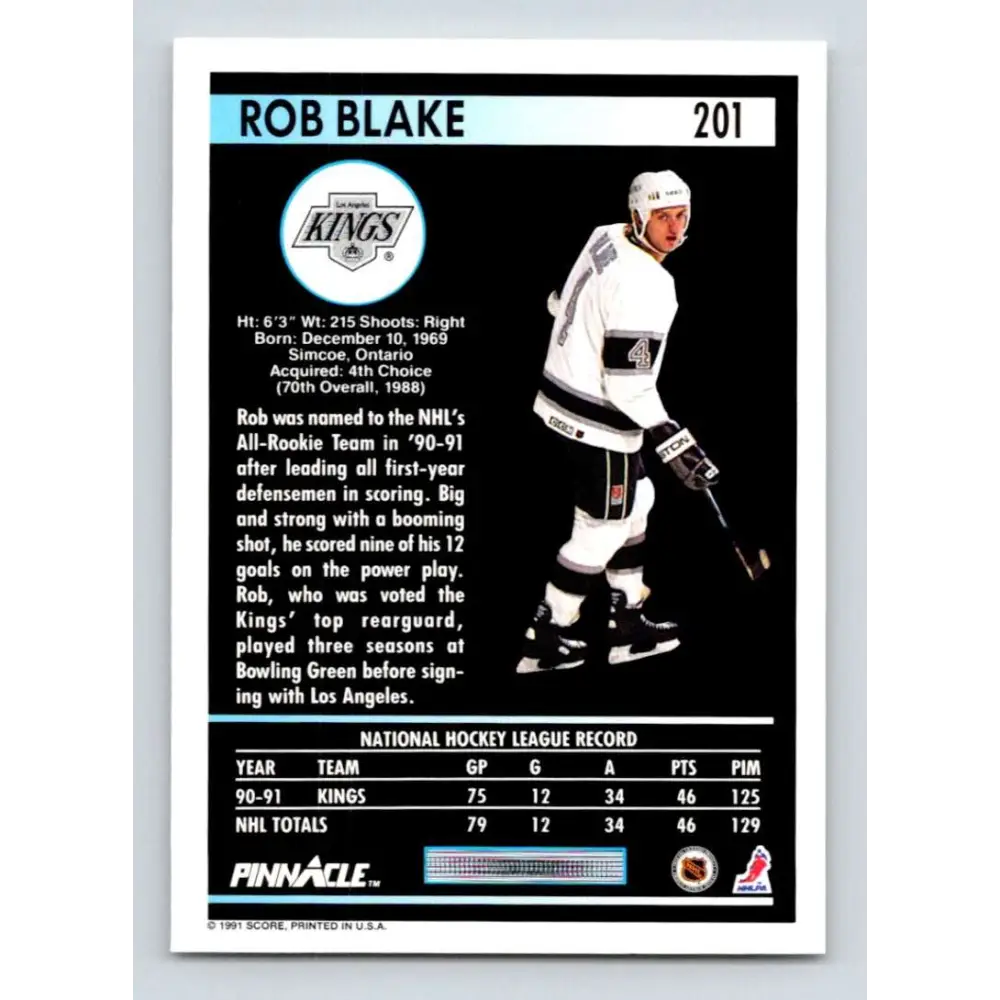 1991-92 Pinnacle #201 Rob Blake NM-MT Los Angeles Kings Hockey Card Image 2