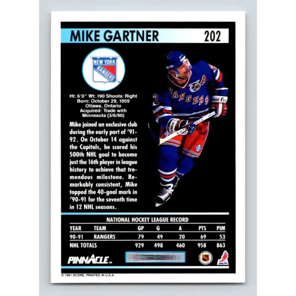 1991-92 Pinnacle #202 Mike Gartner NM-MT New York Rangers Hockey Card Image 2