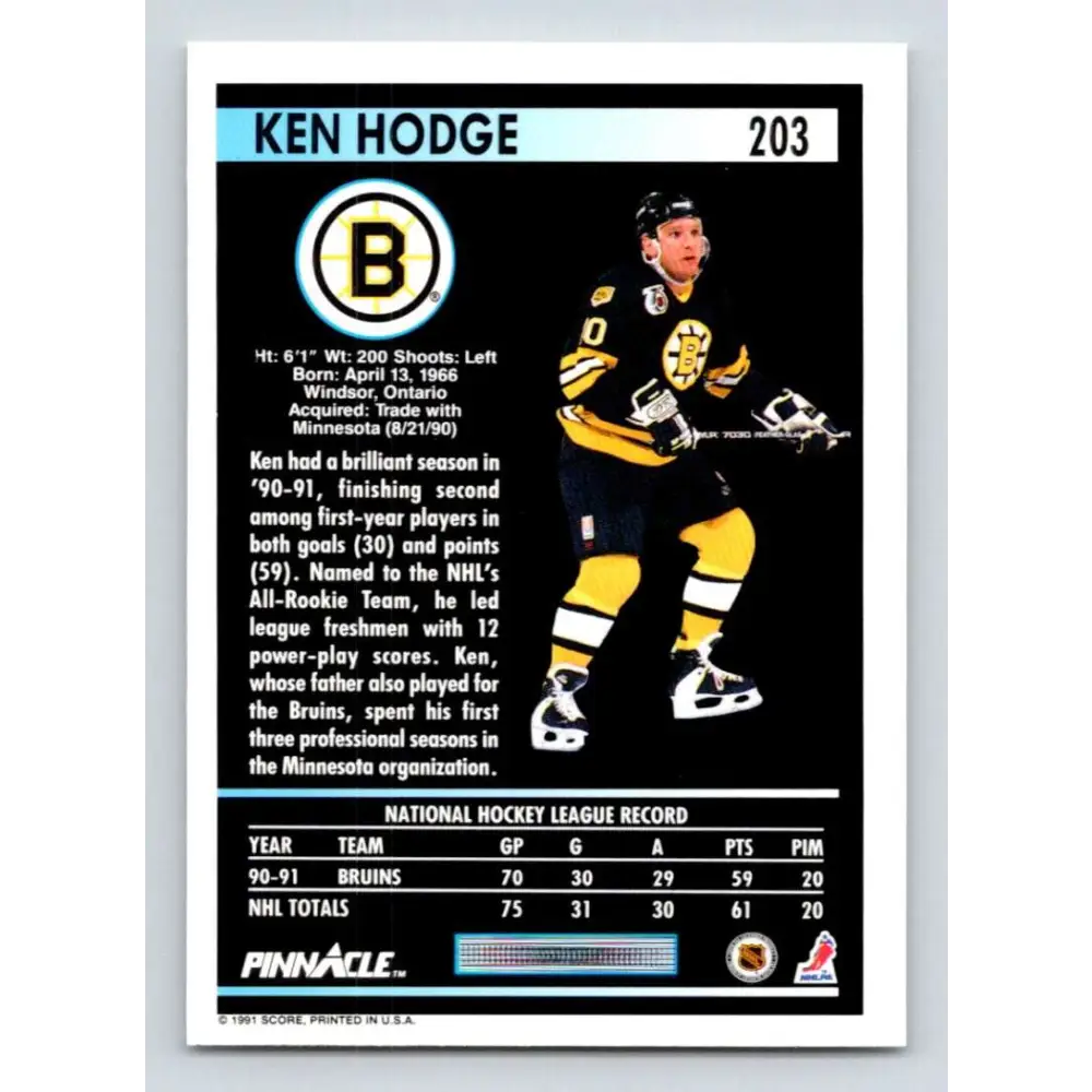 1991-92 Pinnacle #203 Ken Hodge Jr. NM-MT Boston Bruins Hockey Card Image 2