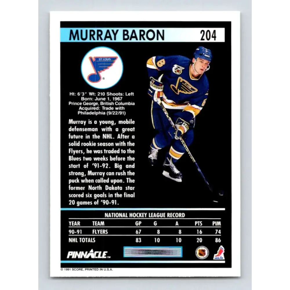1991-92 Pinnacle #204 Murray Baron NM-MT St. Louis Blues Hockey Card Image 2