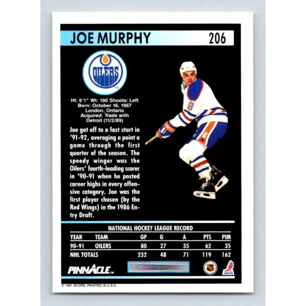 1991-92 Pinnacle #206 Joe Murphy NM-MT Edmonton Oilers Hockey Card Image 2