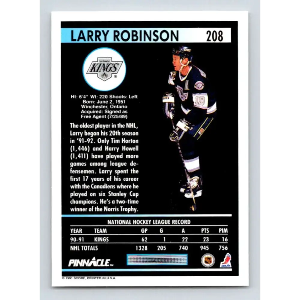 1991-92 Pinnacle #208 Larry Robinson NM-MT Los Angeles Kings Hockey Card Image 2
