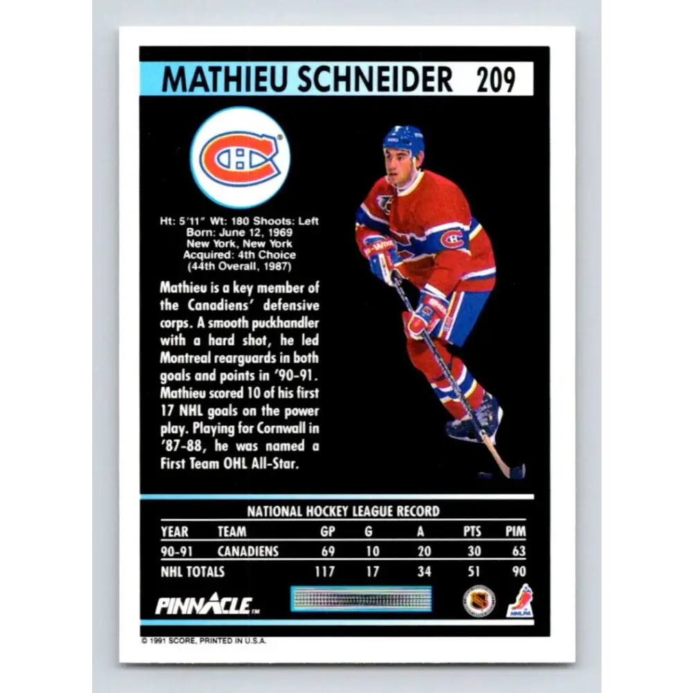 1991-92 Pinnacle #209 Mathieu Schneider NM-MT Montreal Canadiens Hockey Card Image 2