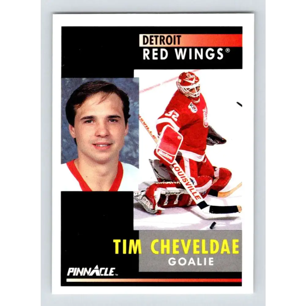 1991-92 Pinnacle #21 Tim Cheveldae NM-MT Detroit Red Wings Hockey Card Image 1