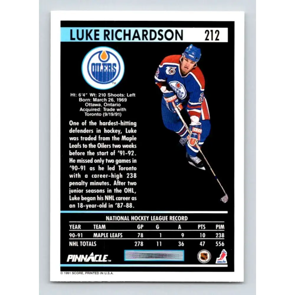 1991-92 Pinnacle #212 Luke Richardson NM-MT Edmonton Oilers Hockey Card Image 2