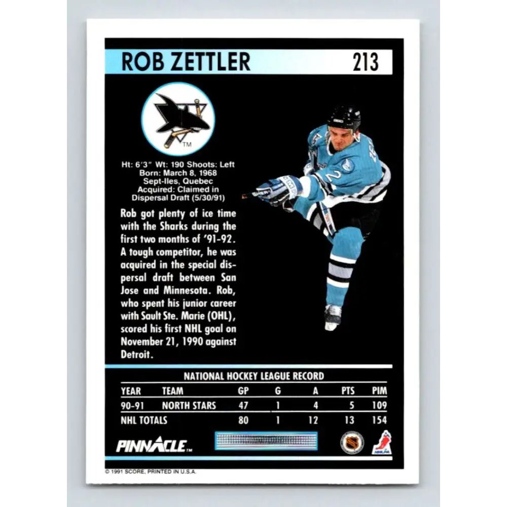 1991-92 Pinnacle #213 Rob Zettler NM-MT San Jose Sharks Hockey Card Image 2
