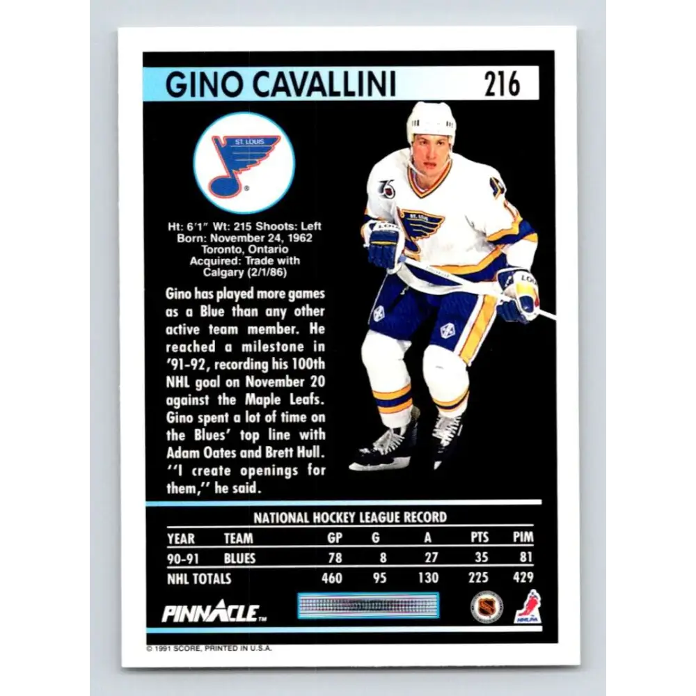1991-92 Pinnacle #216 Gino Cavallini NM-MT St. Louis Blues Hockey Card Image 2