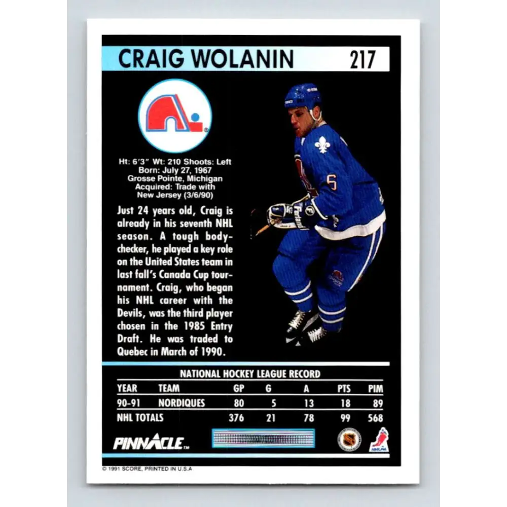 1991-92 Pinnacle #217 Craig Wolanin NM-MT Quebec Nordiques Hockey Card Image 2