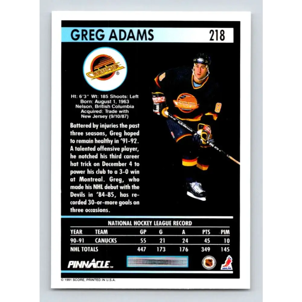 1991-92 Pinnacle #218 Greg Adams NM-MT Vancouver Canucks Hockey Card Image 2