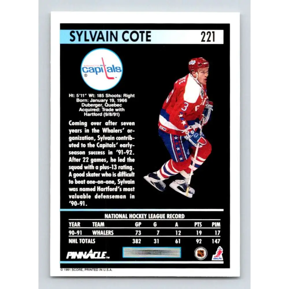 1991-92 Pinnacle #221 Sylvain Cote NM-MT Washington Capitals Hockey Card Image 2