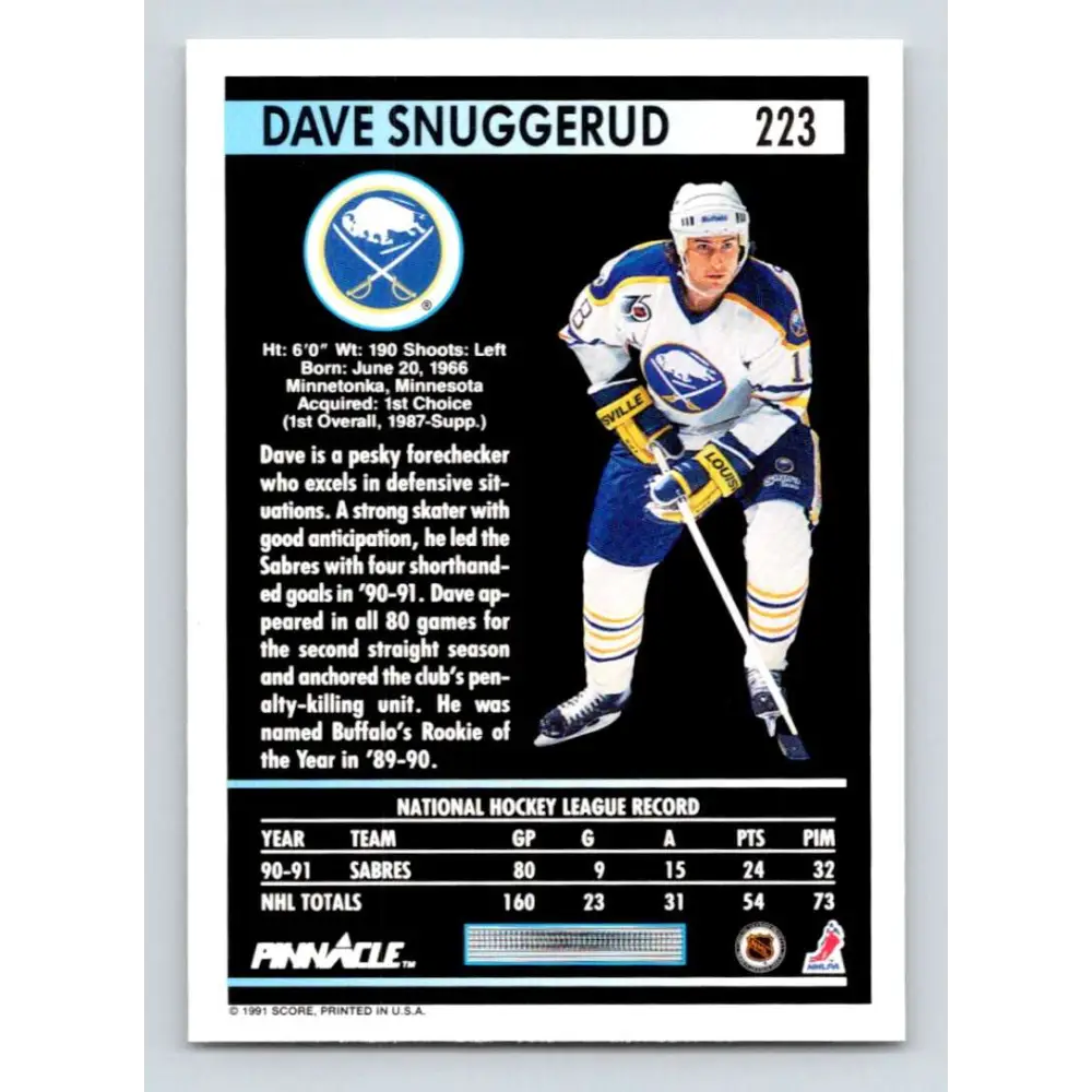 1991-92 Pinnacle #223 Dave Snuggerud NM-MT Buffalo Sabres Hockey Card Image 2