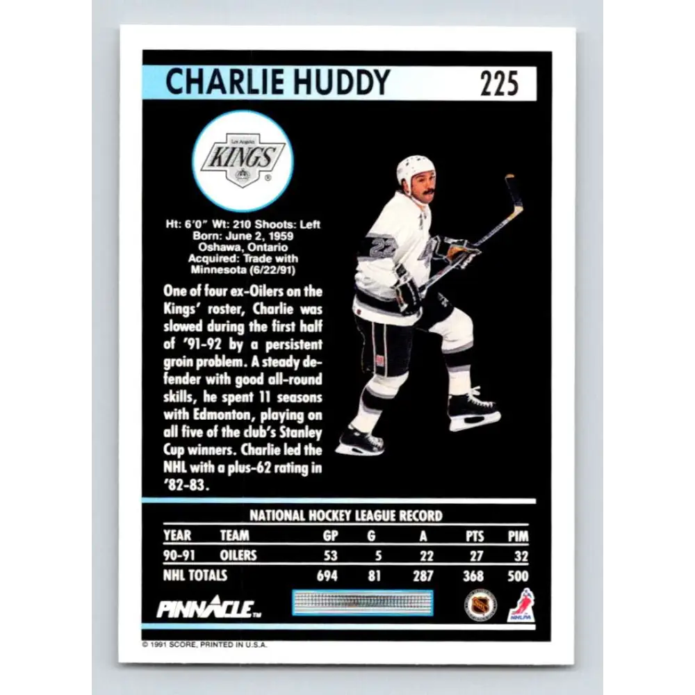 1991-92 Pinnacle #225 Charlie Huddy NM-MT Los Angeles Kings Hockey Card Image 2