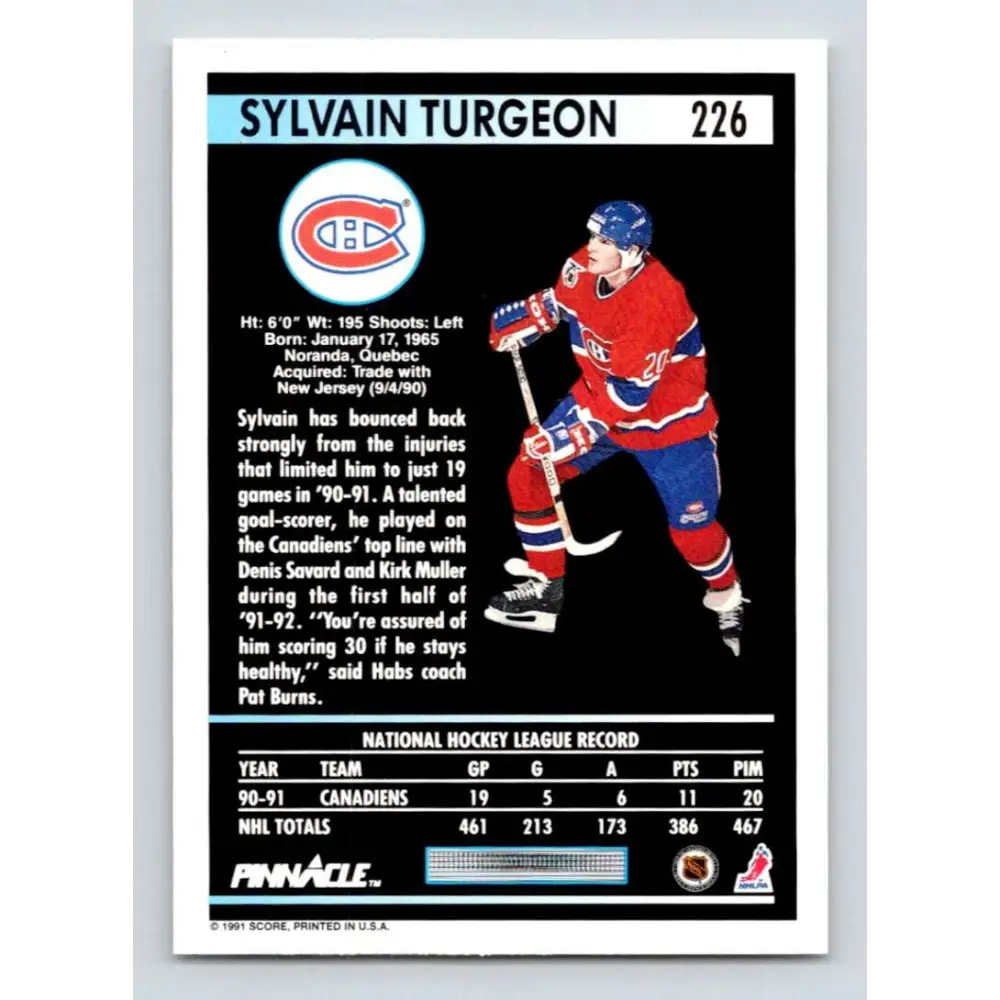 1991-92 Pinnacle #226 Sylvain Turgeon NM-MT Montreal Canadiens Hockey Card Image 2