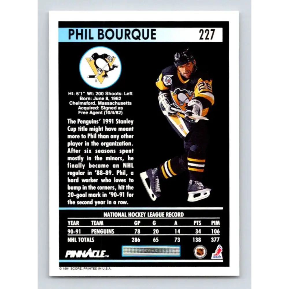 1991-92 Pinnacle #227 Phil Bourque NM-MT Pittsburgh Penguins Hockey Card Image 2