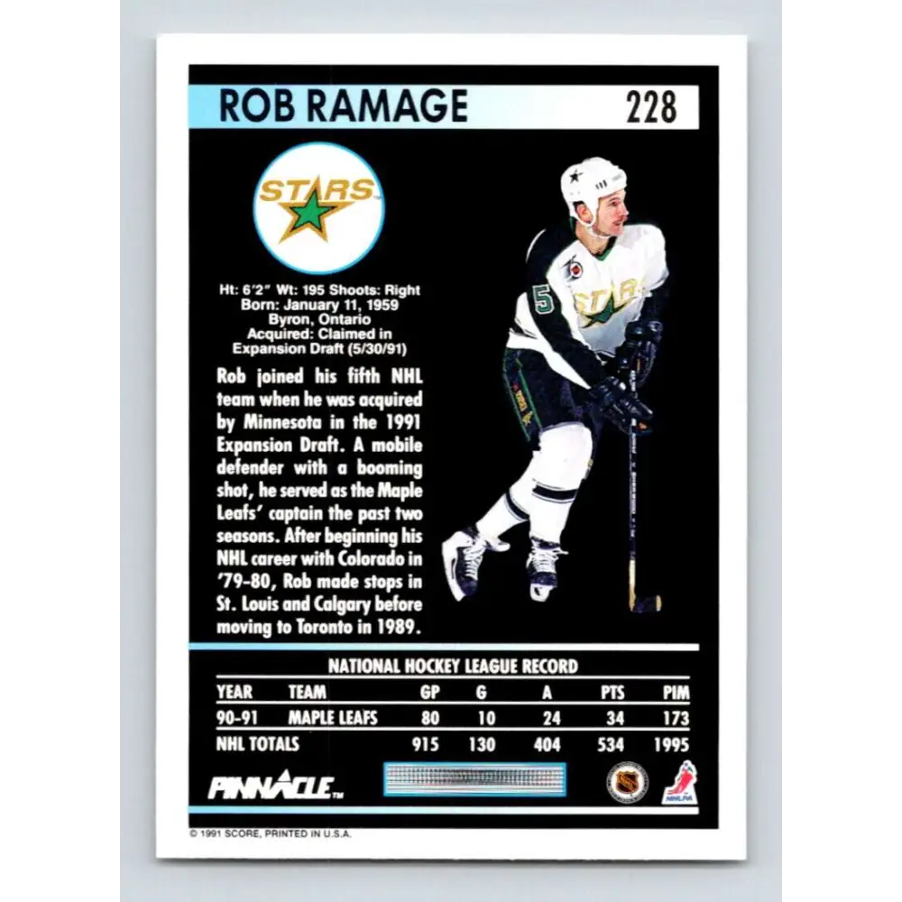 1991-92 Pinnacle #228 Rob Ramage NM-MT Minnesota North Stars Hockey Card Image 2