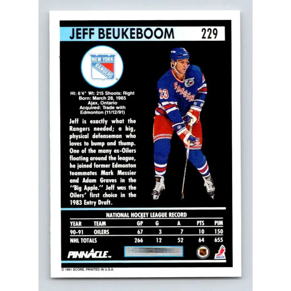 1991-92 Pinnacle #229 Jeff Beukeboom NM-MT New York Rangers Hockey Card Image 2
