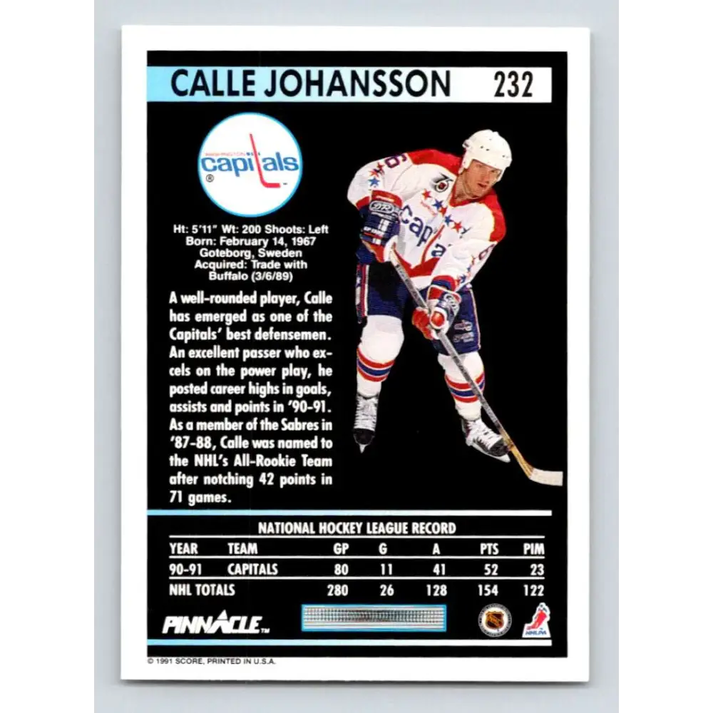 1991-92 Pinnacle #232 Calle Johansson NM-MT Washington Capitals Hockey Card Image 2