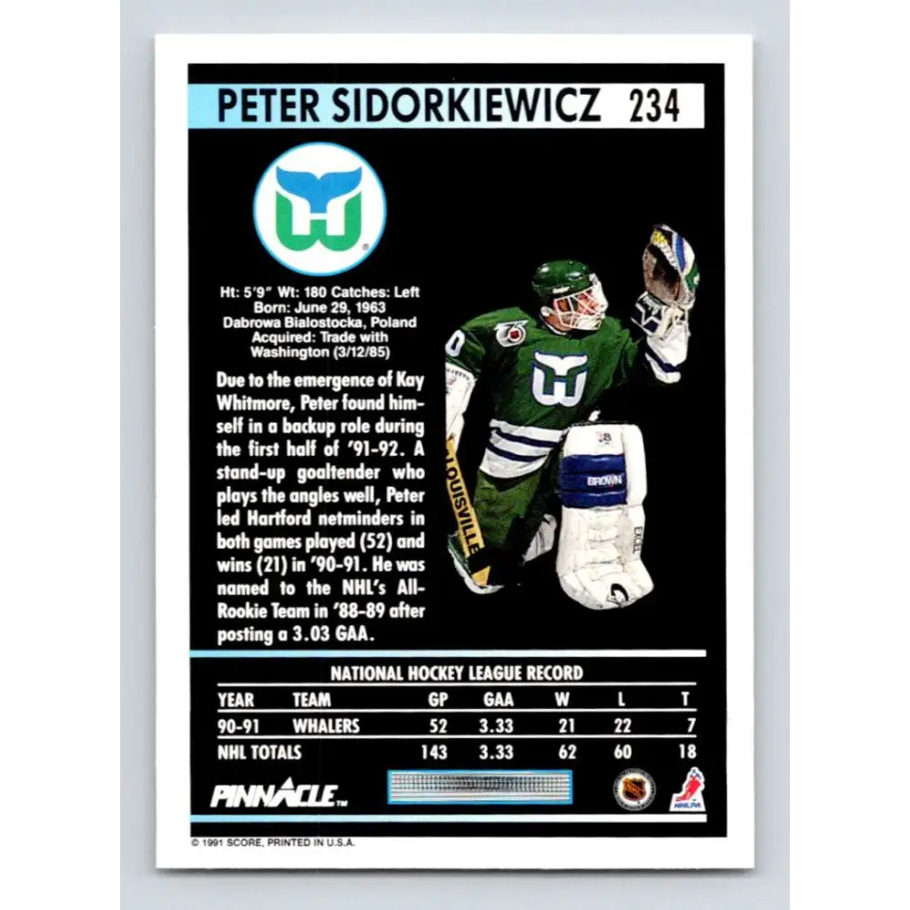 1991-92 Pinnacle #234 Peter Sidorkiewicz NM-MT Hartford Whalers Hockey Card Image 2