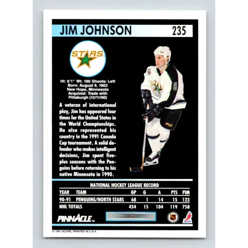1991-92 Pinnacle #235 Jim Johnson NM-MT Minnesota North Stars Hockey Card Image 2
