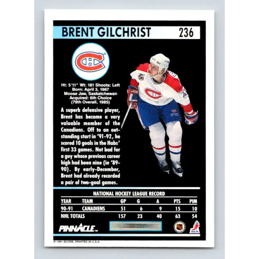1991-92 Pinnacle #236 Brent Gilchrist NM-MT Montreal Canadiens Hockey Card Image 2