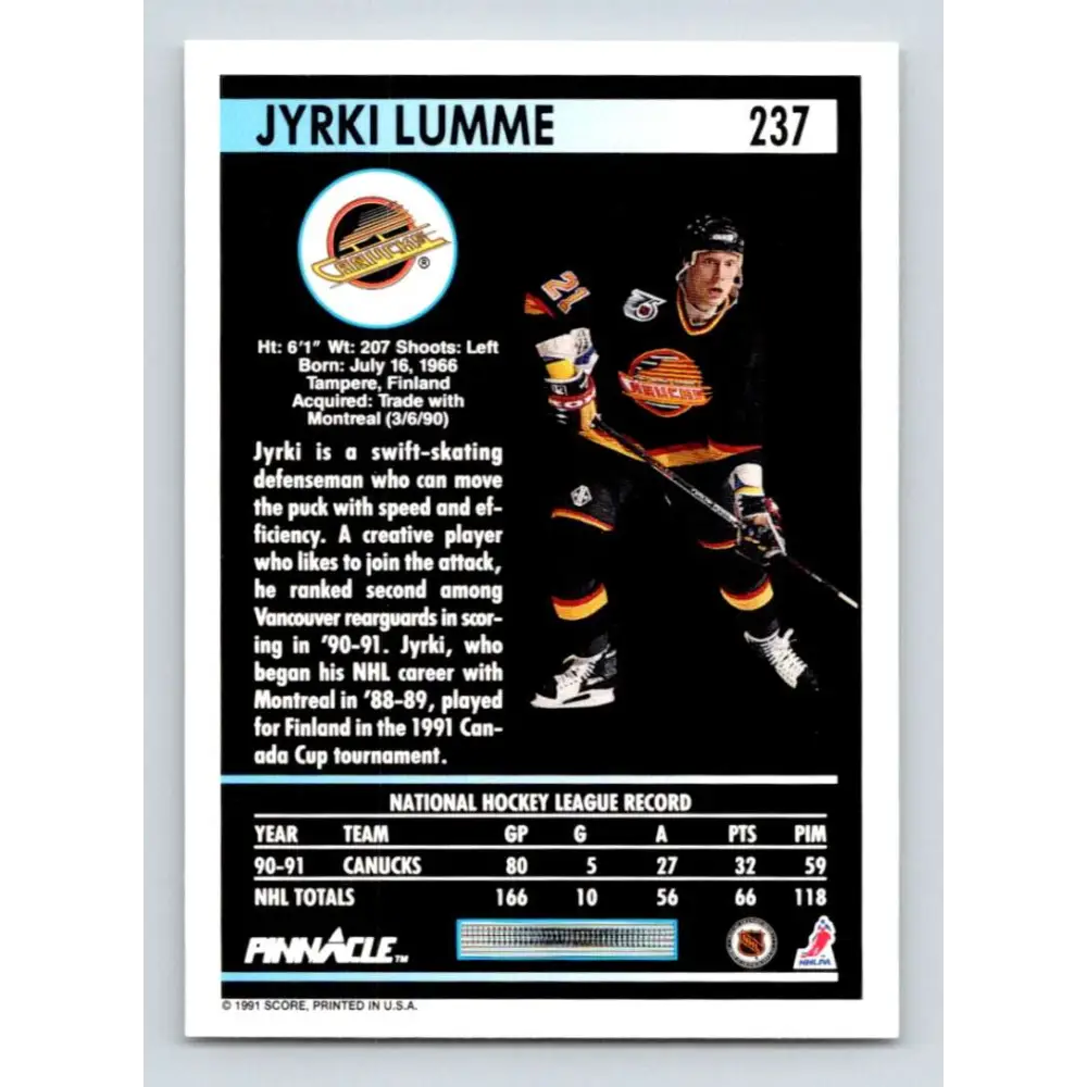 1991-92 Pinnacle #237 Jyrki Lumme NM-MT Vancouver Canucks Hockey Card Image 2